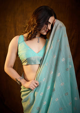Charming Seafoam Blue Linen Cotton Silk Saree